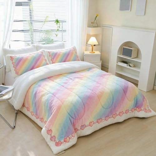 Rainbow Plush Comforter Set Queen Size Fluffy Bedding for Girls - Rainbow 01