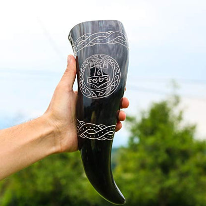 VikingsBrand Handcrafted Viking Drinking Horn with Thor Hammer - 12 Inches, Food Safe Medieval Norse Mug