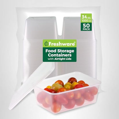 Freshware Food Storage Containers [50 Set] 16 oz Plastic Deli Containers with Lids, Slime, Soup, Meal Prep Containers | BPA Free | Stackable | Leakproof | Microwave/Dishwasher/Freezer Safe