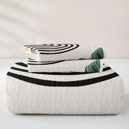 Boho Navy Blue and Green Quilt Set - Light Blue Abstract Bedspread, Queen Size