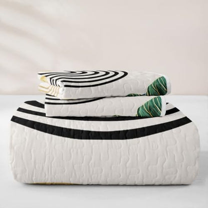 Boho Navy Blue and Green Quilt Set - Light Blue Abstract Bedspread, Queen Size