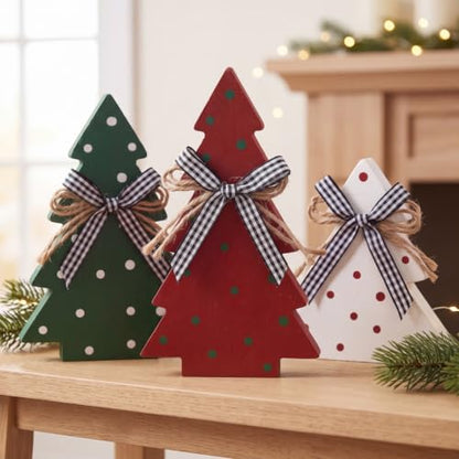 Christmas Wooden Tree Decor Set - Farmhouse Polka Dot Style, 3 Pieces