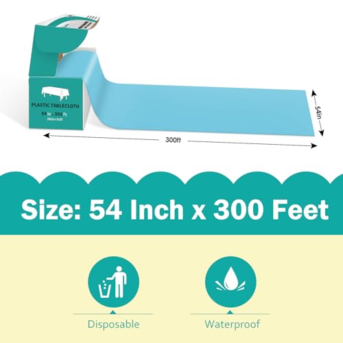 Light Blue 54 Inch x 300 Feet Plastic Tablecloth Roll with Cutter Box - Disposable Party Cover