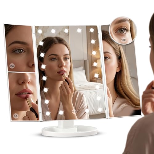 White Lighted Makeup Mirror with LED Lights, Trifold Vanity with 1X/2X/3X/10X Magnification, Touch Control, Portable Travel Cosmetic Mirror