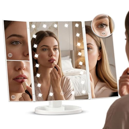 White Lighted Makeup Mirror with LED Lights, Trifold Vanity with 1X/2X/3X/10X Magnification, Touch Control, Portable Travel Cosmetic Mirror