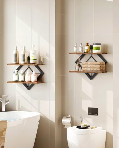 Diamond-Shaped Floating Wall Shelves Set of 2 - Rustic Brown & Black