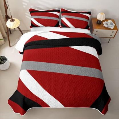 Full Size Red Gray Black Striped Quilt Set with 2 Pillowcases - Modern Geometric Bedding