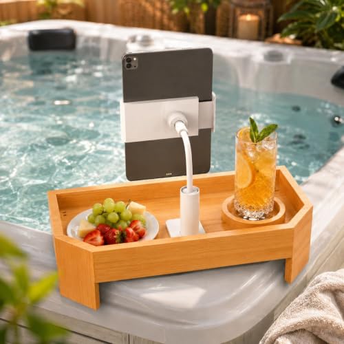 Orange Bamboo Hot Tub Tray with Adjustable Phone Holder & Drink Stand