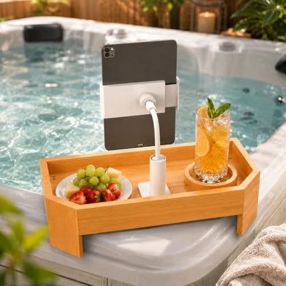Orange Bamboo Hot Tub Tray with Adjustable Phone Holder & Drink Stand