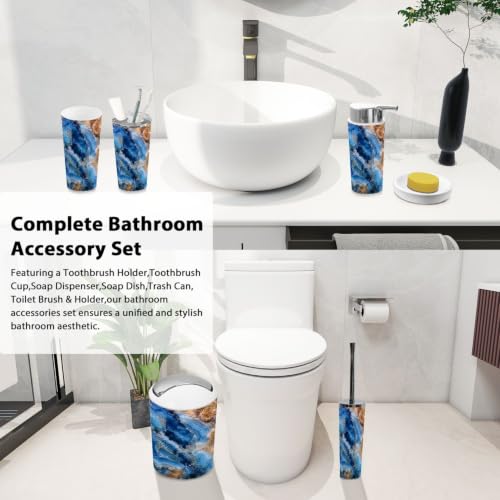 Bathroom Accessory Set 6PCS Blue Agate Mineral Layered Crystalline Pattern Multi3