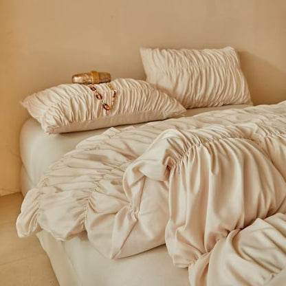 Full Size Khaki Gathered Ruffled Bedding Set Duvet Cover for Teen - Elegant Farmhouse Style