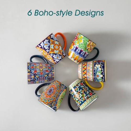 12 oz Coffee Mugs Set of 6 - Ceramic Boho Style Drinkware with Handle