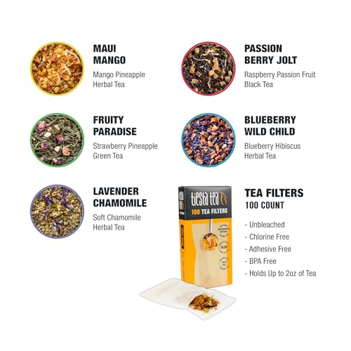 Tiesta Tea - Loose Leaf Starter Kit | Premium Starter Kit Sampler | High to Non Caffeinated | Make Hot & Iced Tea | Starter Kit with Black, Green, Herbal Tea Sample Bags and 100 Disposable Tea Filters