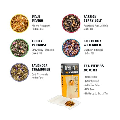 Tiesta Tea - Loose Leaf Starter Kit | Premium Starter Kit Sampler | High to Non Caffeinated | Make Hot & Iced Tea | Starter Kit with Black, Green, Herbal Tea Sample Bags and 100 Disposable Tea Filters