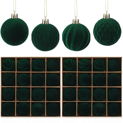 32 Pcs Velvet Christmas Ball Ornaments Bulk for Tree Dark Green - PullCrease