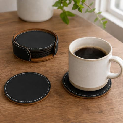 Black 4-Inch Round Leatherette Drink Coasters 6 Pack - Table Protectors