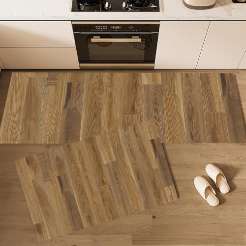 Wood Grain Kitchen Rugs Non Slip 2-Piece Set Brown Washable Mat Runner, 20x32 & 20x71 Variation of Brown/Wood Grain