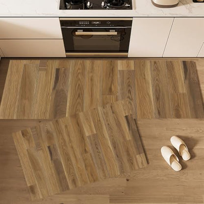 Wood Grain Kitchen Rugs Non Slip 2-Piece Set Brown Washable Mat Runner, 20x32 & 20x71 Variation of Brown/Wood Grain
