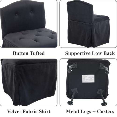 Black Velvet Makeup Vanity Chair with Back and Wheels - Swivel Seat