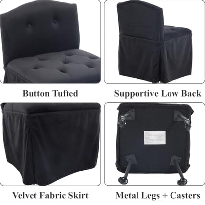 Black Velvet Makeup Vanity Chair with Back and Wheels - Swivel Seat