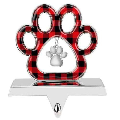 Hooqict Dog Paw Christmas Stocking Holder with Pendant for Mantel 3D Silver Metal Mantel Buffalo Plaid Stocking Holder Fireplace Decorations Christmas Stocking Hanger for Christmas Table Decor