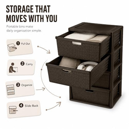 Wide Brown 4-Drawer Plastic Storage Tower with Cross-Weave Pattern - Clutter Organizer