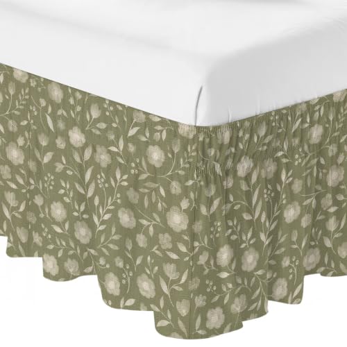 King Size Bed Skirt 16 Inch Drop - Sage Green Rustic Wildflowers Wrap Around Bedding