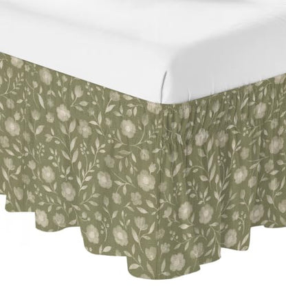 King Size Bed Skirt 16 Inch Drop - Sage Green Rustic Wildflowers Wrap Around Bedding