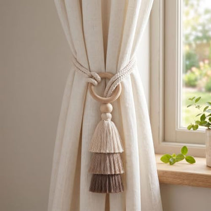 Cotton-Linen Curtain Tiebacks with Tassels - 3 Tone Layered 4 Pack - Natural Decor