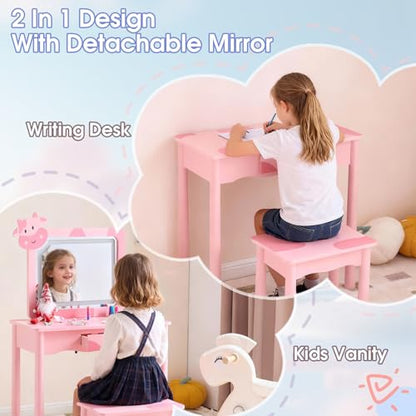 Kids Vanity Set with LED Mirror & Cow Shape - Pink with Cow Pattern