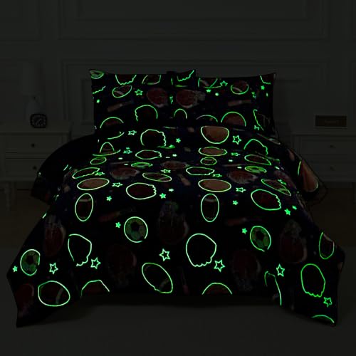 Glow in the Dark Blue Soccer Basketball Bedding Set Full Size for Boys Teen - 4 Pieces with Comforter Pillow Sham