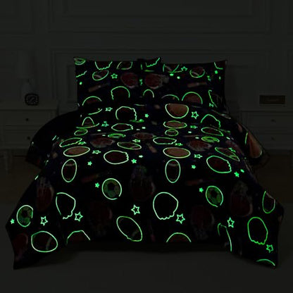 Glow in the Dark Blue Soccer Basketball Bedding Set Full Size for Boys Teen - 4 Pieces with Comforter Pillow Sham