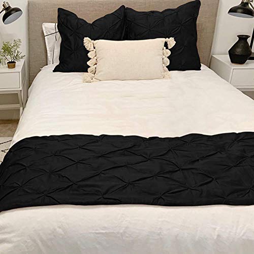 King Size Cotton Bed Runner Set with Pillowcases - Black, Pinch Pleated, 800 Thread Count
