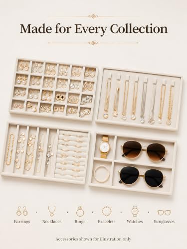Stackable Jewelry Trays Set of 4 - Drawer Organizer for Earrings, Rings, Necklaces