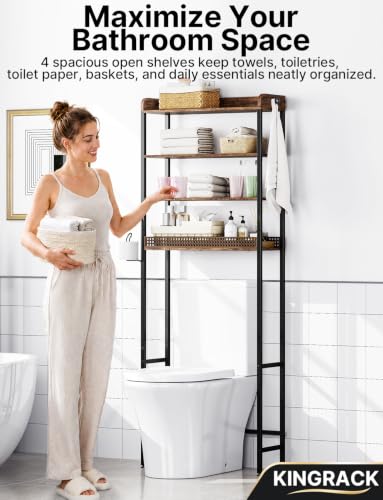 KINGRACK Brown 4-Tier Over-the-Toilet Bathroom Shelf with Hooks