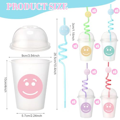 24 Pack Smile Face Pastel Cups with Lids and Straws - 12 oz Party Drinkware