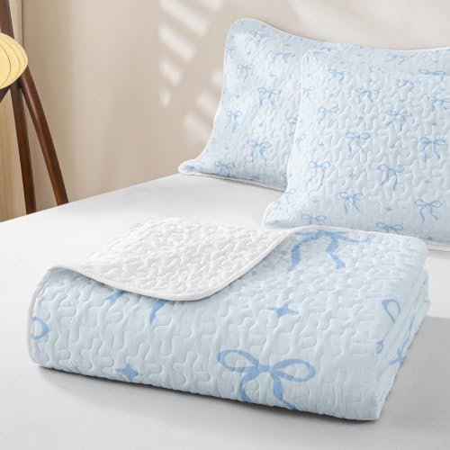 Castle Fairy Coquette Bows Twin Quilt Coverlet Set - White Light Blue, 2 Pieces