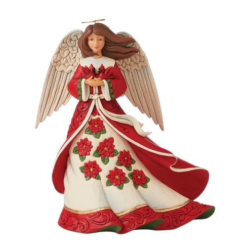 Christmas Angel Figurine with Cardinals and Poinsettias, 8.66 Inch Holiday Decor