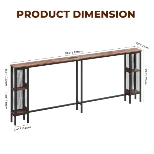 78.7-Inch Long Behind Couch Table with RGB Lights, Outlets & Bookcase - Narrow Space