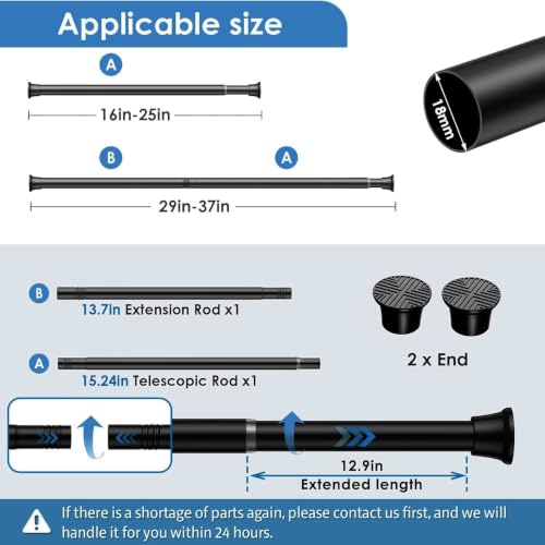 Black Spring Tension Curtain Rod 18-36 Inches No Drilling Adjustable Short Rods
