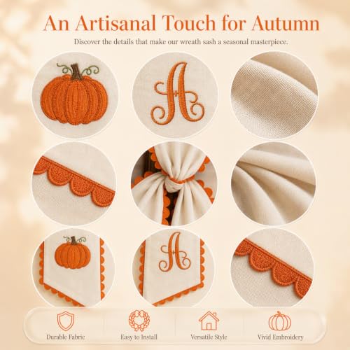 Medium Halloween Wreath Sash Decor with Embroidered Pumpkin & Initial - Fall Seasonal Accent