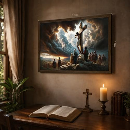Jesus Calvary Crucifixion Wall Art Canvas 16x24 Inches - Cross Wood Frame Variation of THIS listing