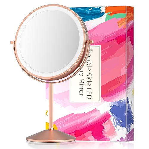 FUNTOUCH Lighted Makeup Mirror with Magnification, Rechargeable Double Side 3 Color Lighting, Dimmable Vanity Mirror with Touch Control 360°Rotation Makeup Mirror for Desk, for Woman