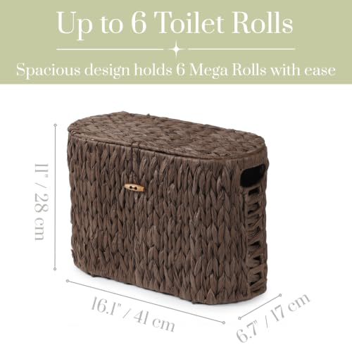 Brown Toilet Paper Storage Basket with Lid & Clear Window - Slim Bathroom Organizer for 6 Mega Rolls