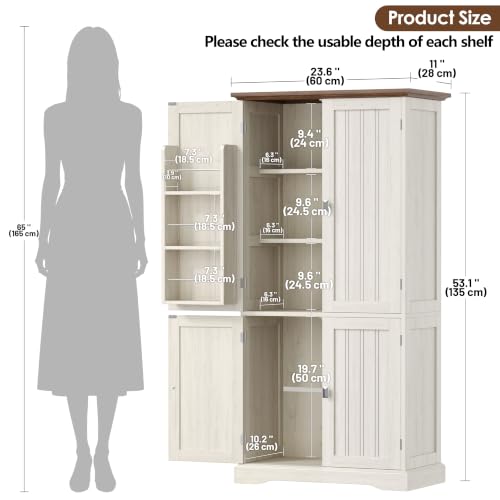 Tall Pantry Cabinet with 6 Doors - Rustic White Kitchen Storage