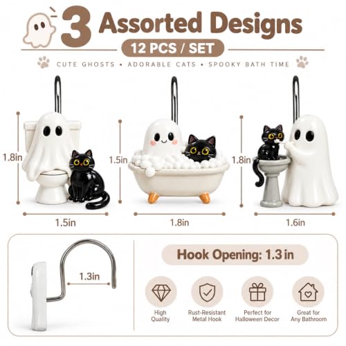 Halloween Shower Curtain Hooks Ghost & Black Cat Set - 12 Pack