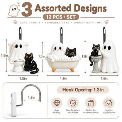Halloween Shower Curtain Hooks Ghost & Black Cat Set - 12 Pack
