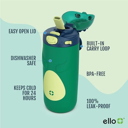 Ello Ellies 12oz Vacuum Insulated Stainless Steel Kids Water Bottle with Straw and Built-in Carrying Handle and Leak-Proof Locking Lid for School Backpack, Lunchbox and Outdoor Sports, Dino