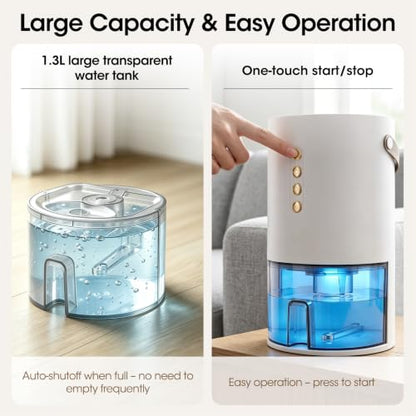 Small Portable Dehumidifier 1300ml Quiet Auto Shut Off for Bedroom & Home