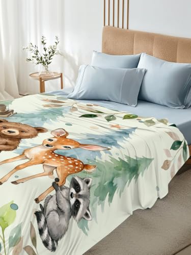 Green Twin XL Flat Sheet - Summer Forests Bear Fox Raccoon Microfiber Bedding